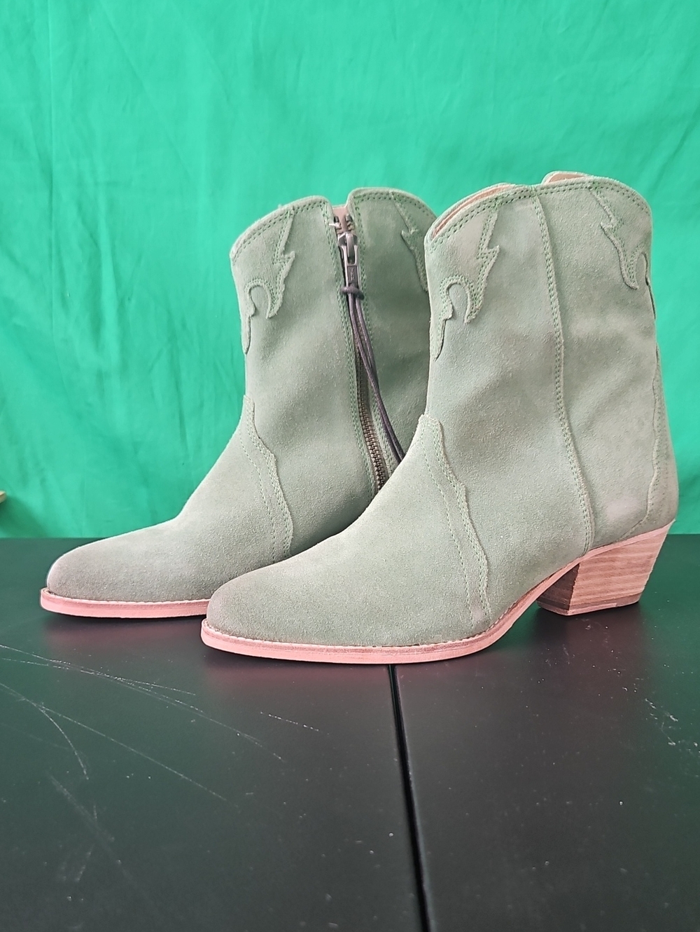 Free People Sage Green Suede Western Ankle Booties
